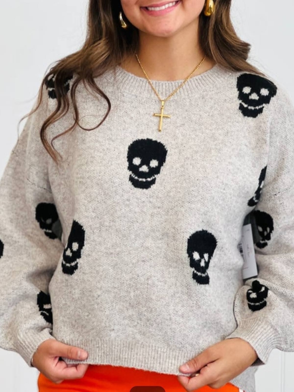 Miracle Light Gray Crewneck Sweater with Black Skull Motif